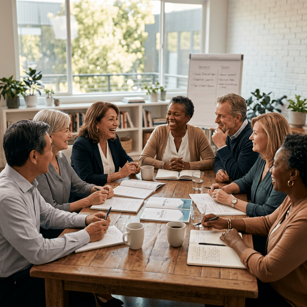 Diverse team discussing ideas around a table with notebooks and coffee